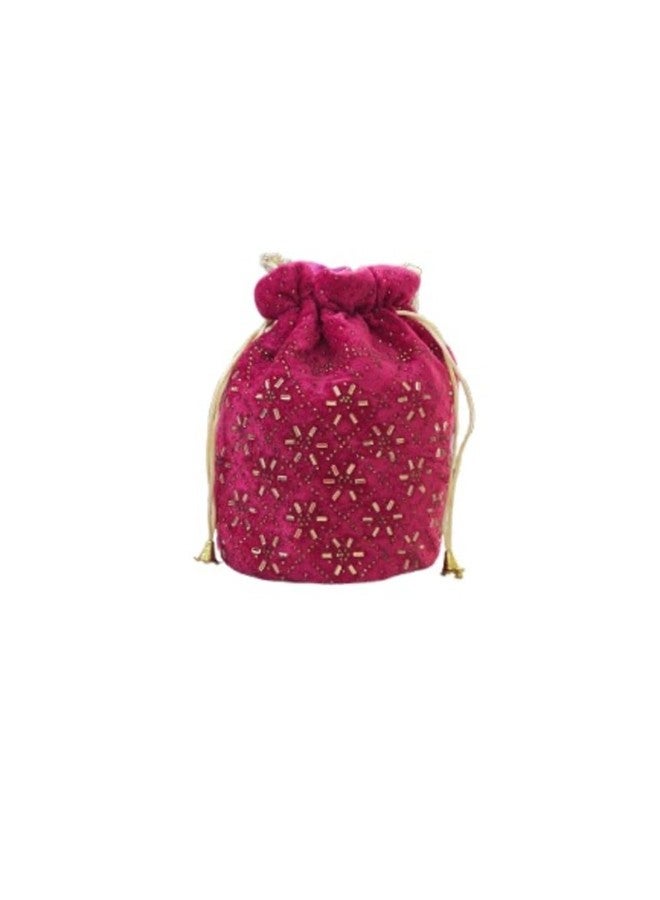 SuneshCreation Ethnic Potli Handbag with Beaded Handle, Pink Floral Embroidery, Traditional Drawstring Purse, Velvet Wristlet (dark pink) - Image 3